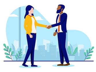 Graphic illustration of woman and man shaking hands in business deal